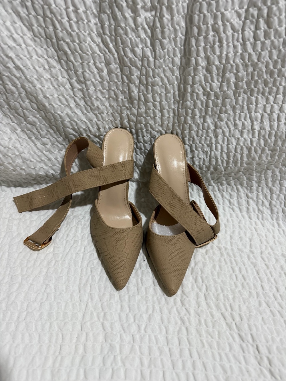 Pointed-Toe Slingback Heels in Taupe with Ankle Strap